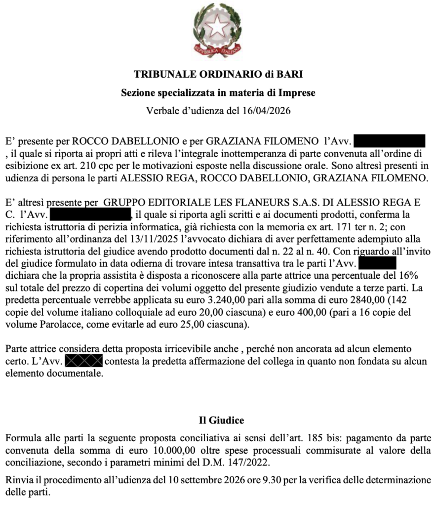 Tribunal de Bari – Acta de la audiencia del 16 de abril de 2026